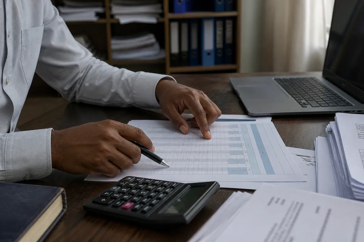 Financial statements being reviewed at an accountant's desk